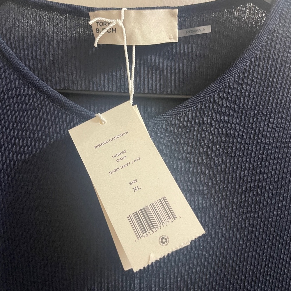 Tory Burch Dark Navy Ribbed V-Neck Cardigan